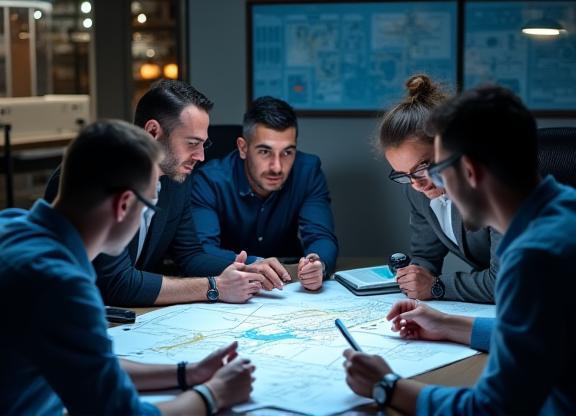 Team of engineers planning network layout