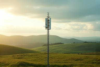 5G antenna tower in rural landscape