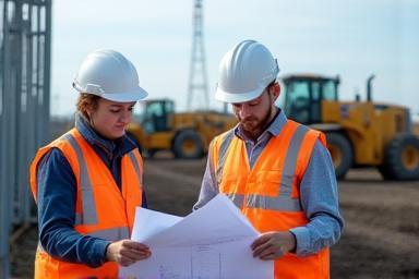 Engineers at construction site looking at plans